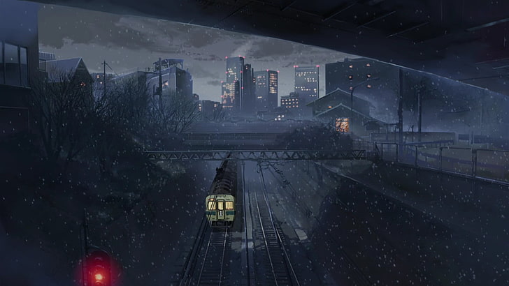 train on railway towards city painting, night, anime, 5 Centimeters Per Second