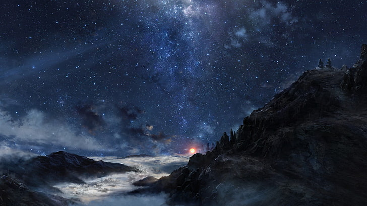 starry night, stars, digital art, space, mountains, star - space, HD wallpaper