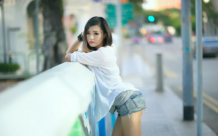 women, Asian, torn jeans, shorts, HD wallpaper