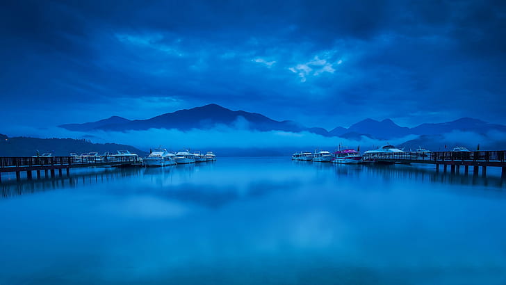 Bay, marina, boats, clouds, fog, evening, blue, white boat, HD wallpaper