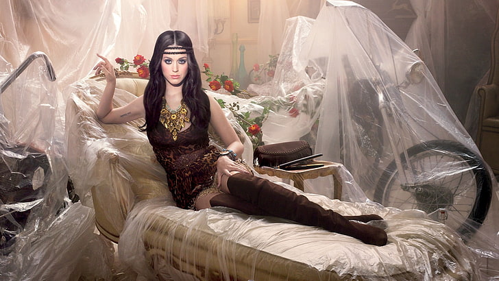 Katy Perry, singer, women, brunette, costumes, knee-high boots, HD wallpaper