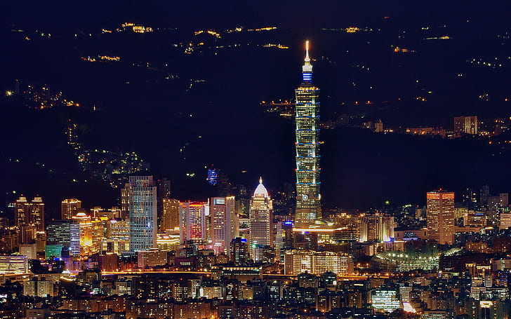 Taipei, night city, skyscrapers, illumination, HD wallpaper