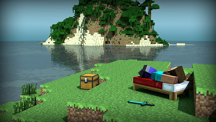 Video Game, Minecraft, Bed, Island, Mojang, Steve (Minecraft), HD wallpaper