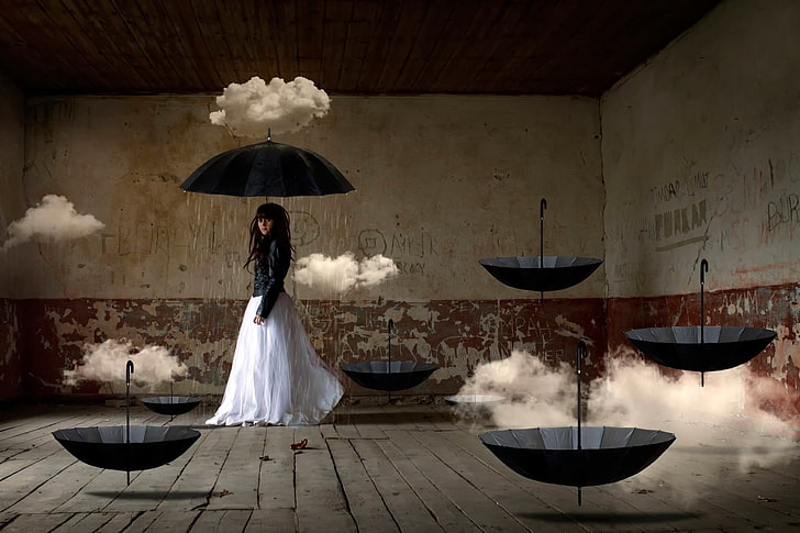 women, surreal, umbrella, artwork, digital art, clouds, looking at viewer