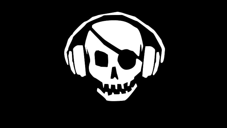 white skull illustration, headphones, minimalism, black background