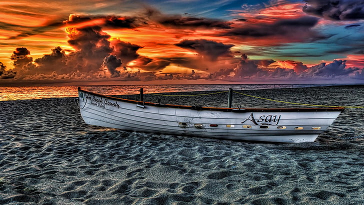 boat, sunset, sandy, beach, evening, nautical vessel, sky, cloud - sky, HD wallpaper