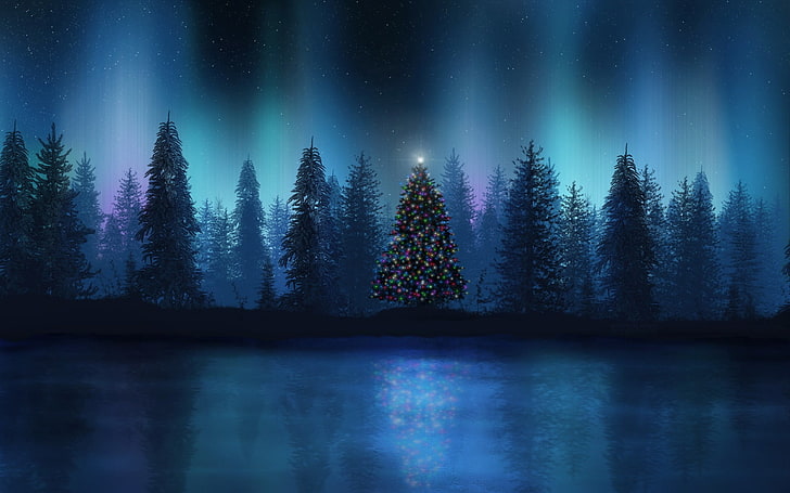 HD wallpaper: green pine trees, landscape, Christmas Tree, aurorae ...