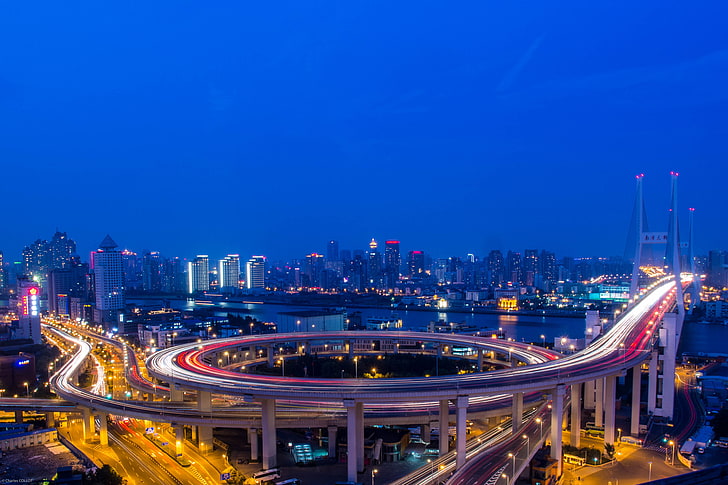 city skyline, nanpu bridge, river, huangpu, shanghai, night, traffic