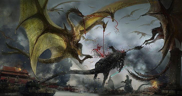 Godzilla, King Ghidorah, kaiju, fantasy art, art and craft, HD wallpaper