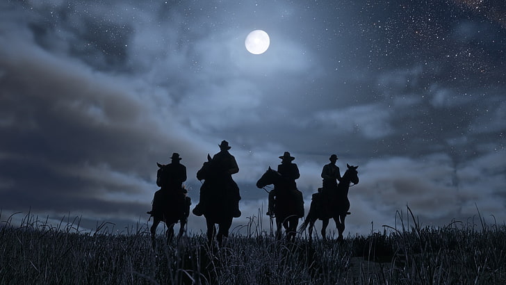 night, the moon, cowboys, Red Dead Redemption 2, wild West