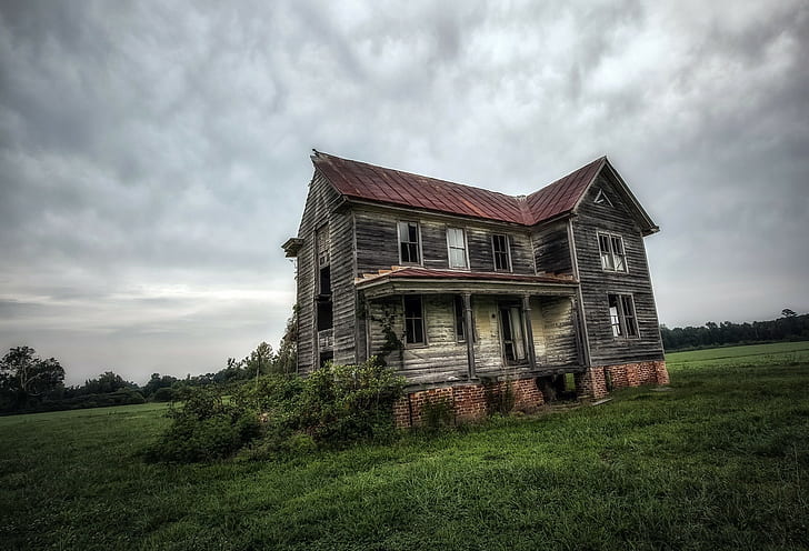 old, house, ruin, abandoned, overcast, grass, field