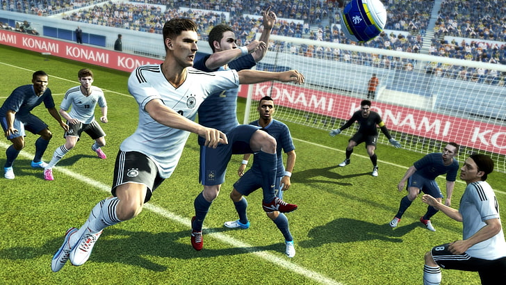 PES game poster, FIFA, Germany, France, sport, team sport, grass, HD wallpaper