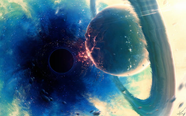 apocalyptic, black holes, space, space art, planetary rings
