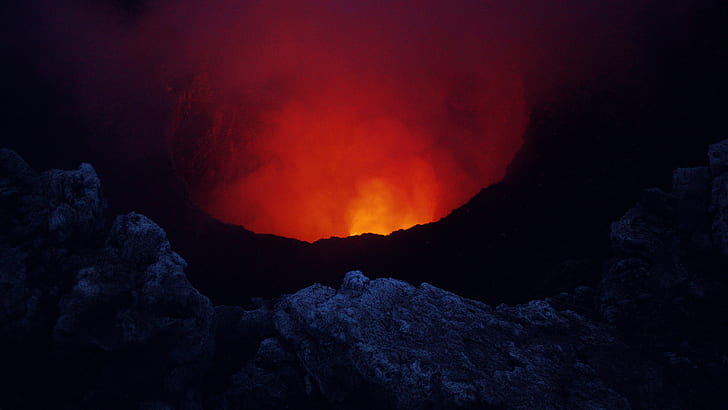 landscape, smoke, volcanic eruption, lava, crater, rock, photography, HD wallpaper