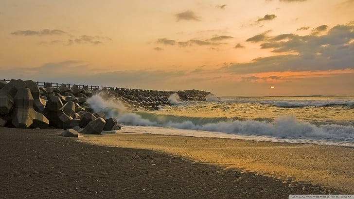 Stone Breaker Beach, stones, waves, sunset, nature and landscapes