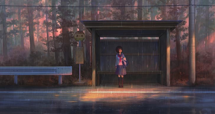 anime girls, original characters, school uniform, bus stop, HD wallpaper