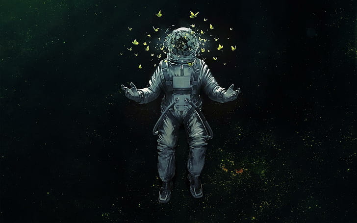 Cosmonauts Butterflies Space Fantasy, gray astronaut with butterflies painting