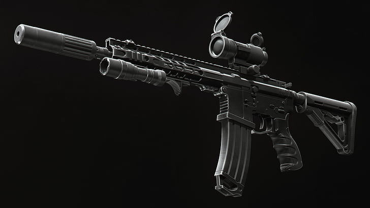 rendering, weapons, flashlight, rifle, muffler, custom, M16