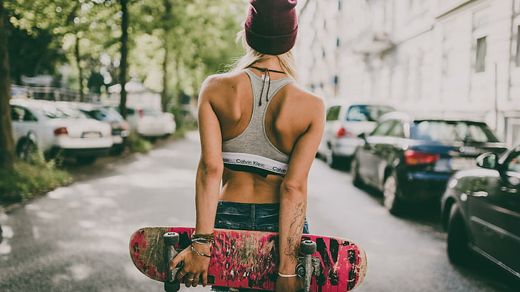 girl, street, skateboard
