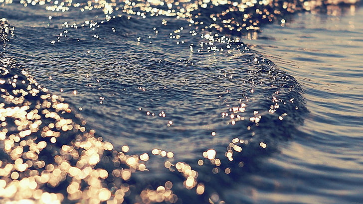 body of water, sea, waves, gold, blue, motion, selective focus, HD wallpaper