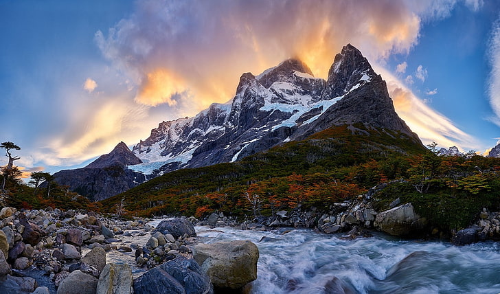 nature, landscape, mountains, river, forest, Torres del Paine