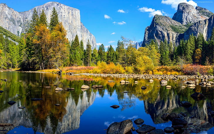 Yosemite National Park, mountains, water, trees, nature, HD wallpaper