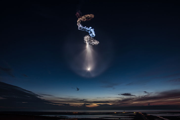 untitled, SpaceX, rocket, photography, night, water, sea, sky