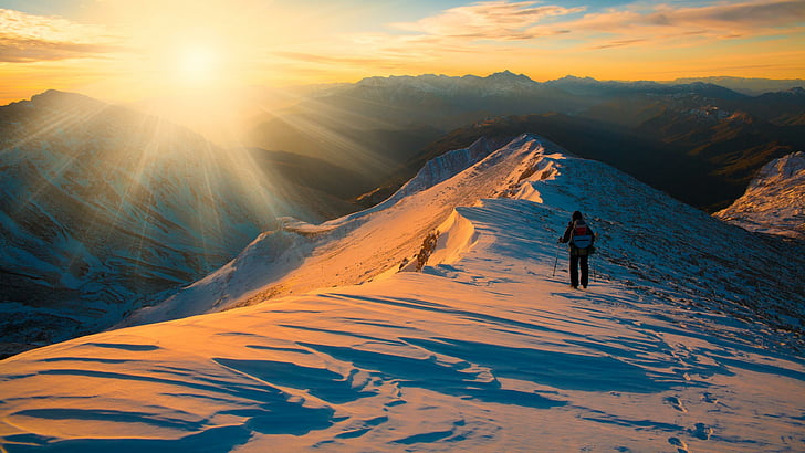 snow, hike, hiking, winter, mountain, mountaineer, sunlight