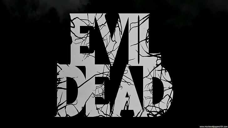 Evil Dead text with black background, movies, silhouette, built structure