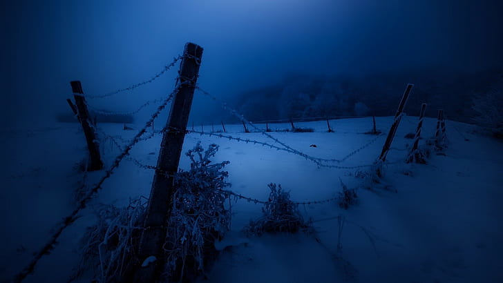 dark, cold, landscape, night, fence, snow, winter, HD wallpaper