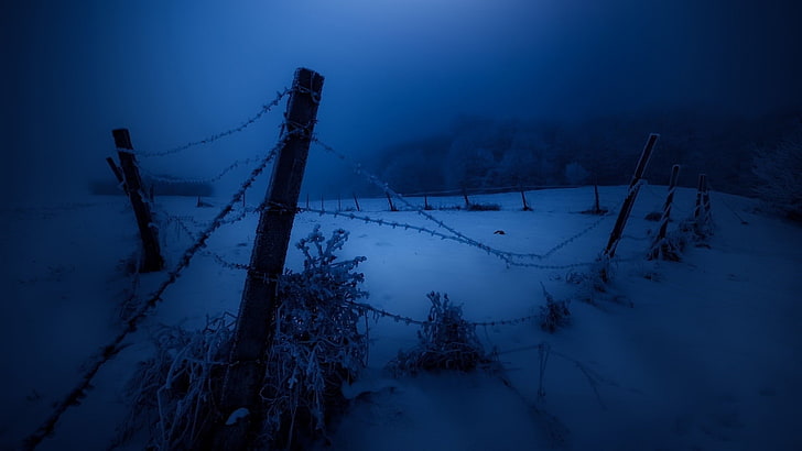 dark, night, fence, cold, snow, winter, landscape, cold temperature, HD wallpaper