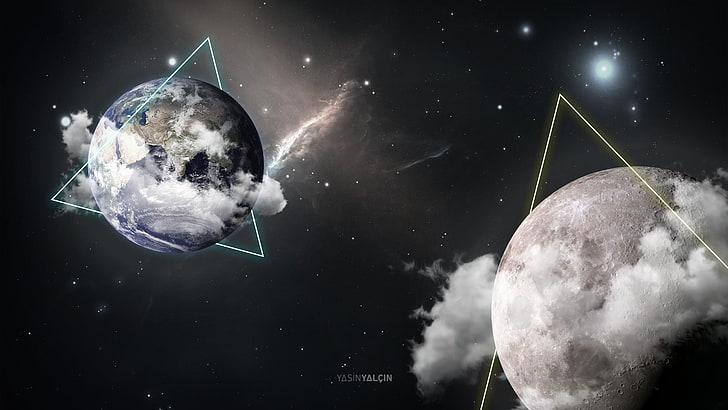 Moon and Earth digital wallpaper, space, nebula, world, Major