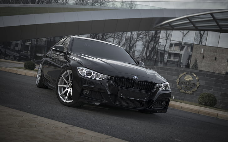 BMW F30 black car front view, HD wallpaper