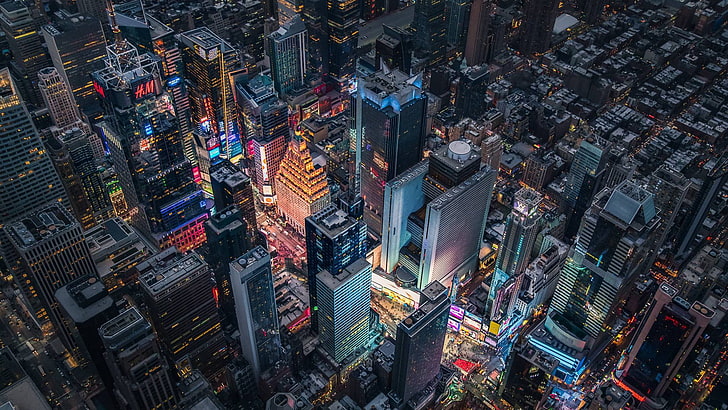 areal view of city buildings, skyline, New York City, Times Square