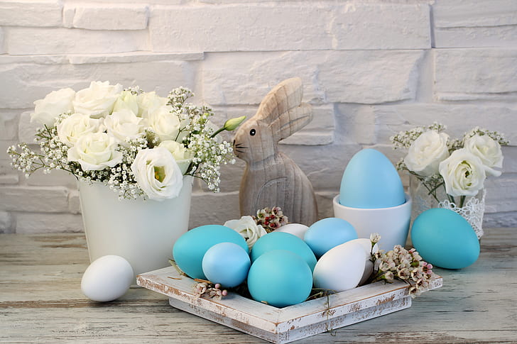 flowers, Easter, happy, white roses, spring, eggs, holiday, HD wallpaper