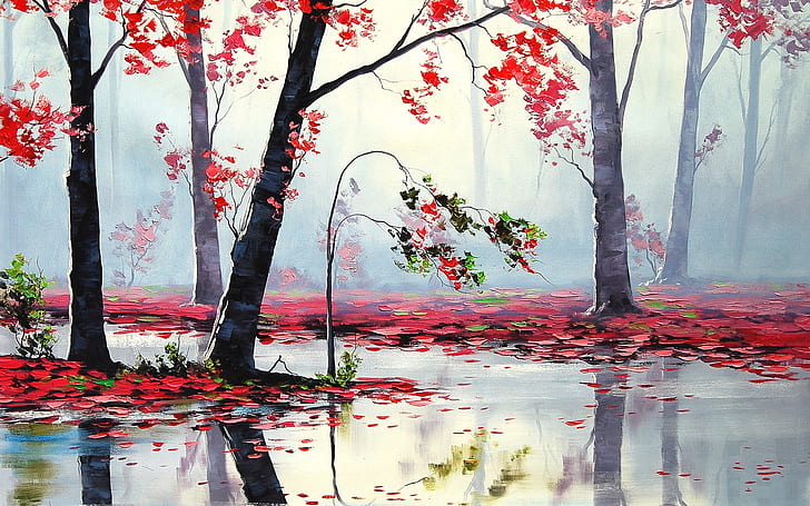 1920x1200 px artistic autumn Fall forest landscapes leaves nature paintings rain reflection seasons Sports Baseball HD Art