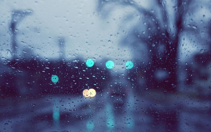 light bokeh, urban, water on glass, rain, raindrop, window, weather