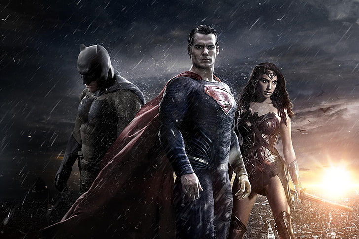 Batman V Superman movie poster, Wonder Woman, Ben Affleck, Henry Cavill