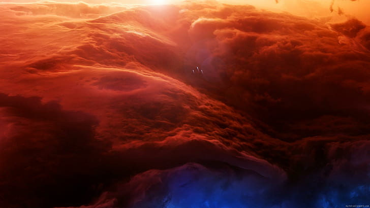 Red cloud in the space, golden hour, future, fire, graphic, HD wallpaper
