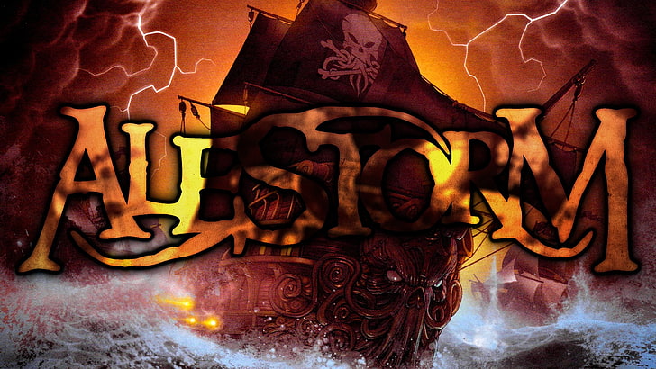 Alestorm, pirates, boat, skull, food, food and drink, text