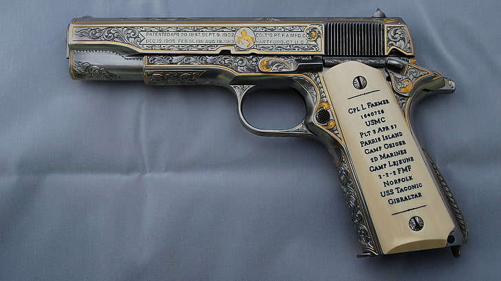colt 1911, handgun, weapon, law, indoors, communication, security