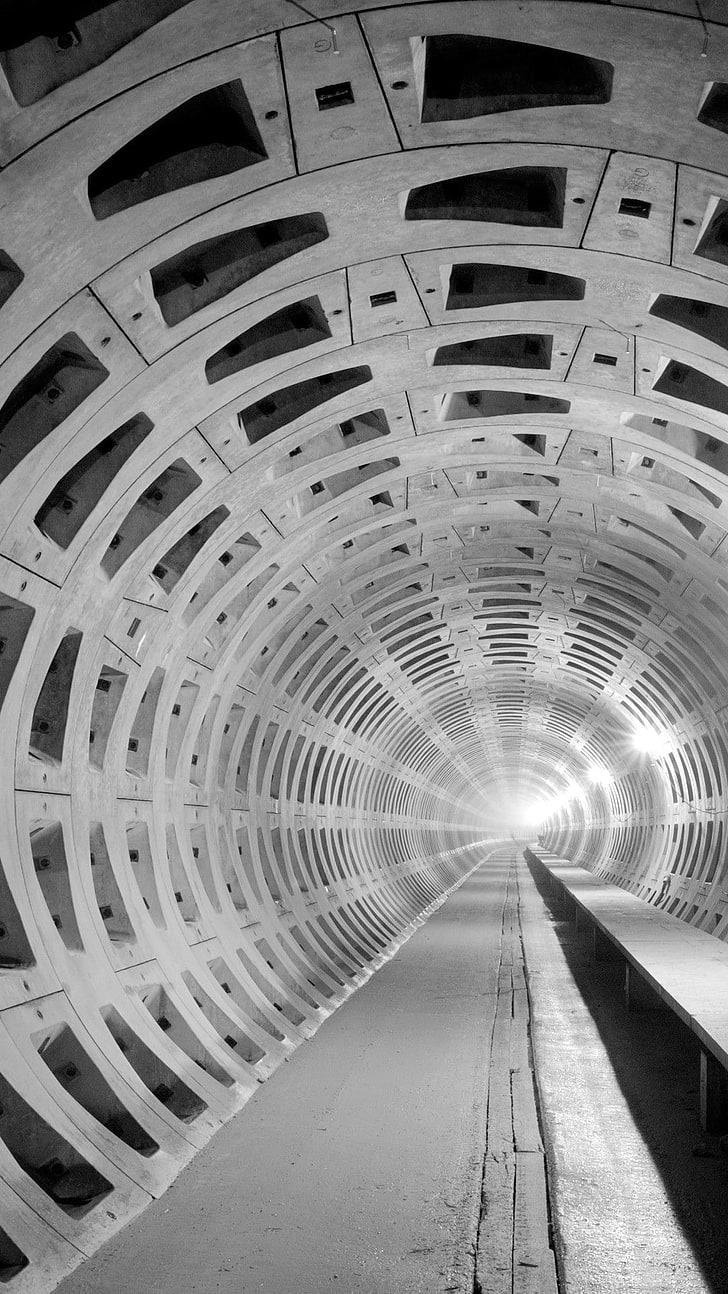 monochrome, architecture, tunnel, lights, built structure, direction, HD wallpaper