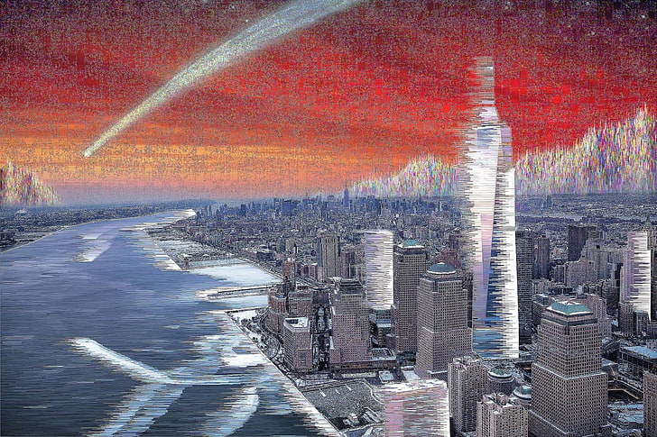 painting of city skyline, glitch art, New York City, pixel sorting, HD wallpaper