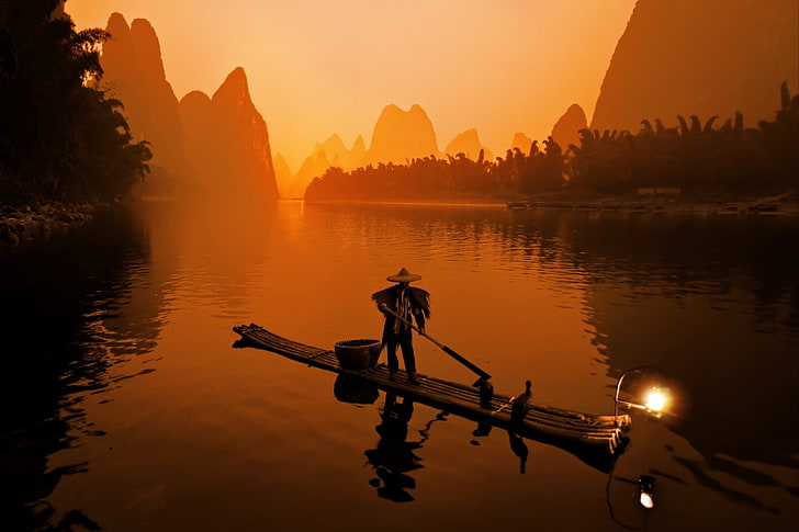 China, Hill, landscape, Li River, nature, water, sunset, reflection, HD wallpaper