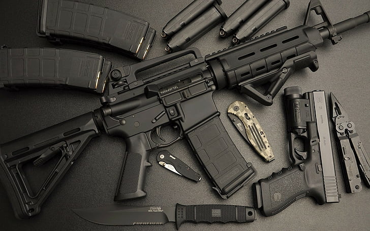 gun, ammunition, knife, assault rifle, pistol, Glock, AR-15, HD wallpaper