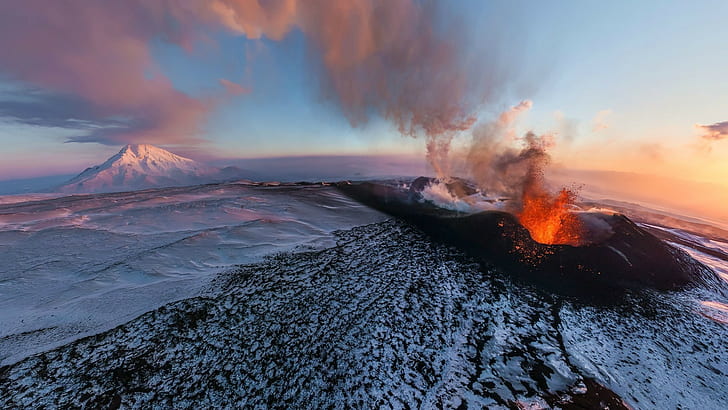 volcano, mountains, winter, snow, lava, clouds, nature, landscape