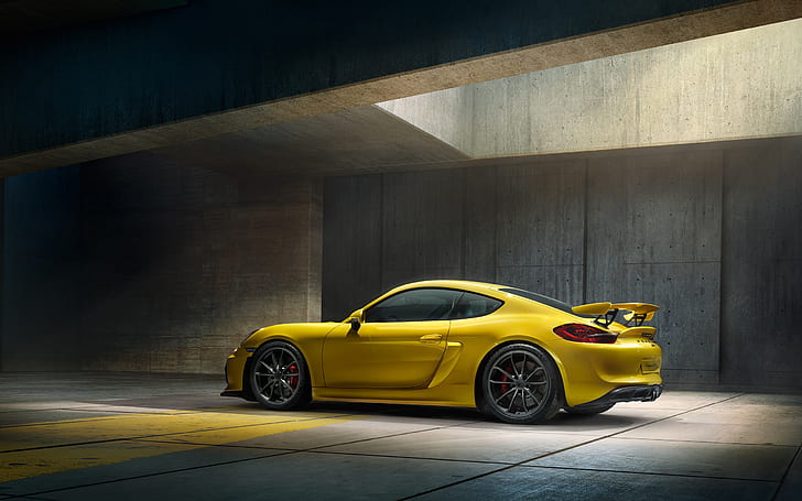 Porsche Cayman GT4, Yellow Cars, Side View, yellow sports car