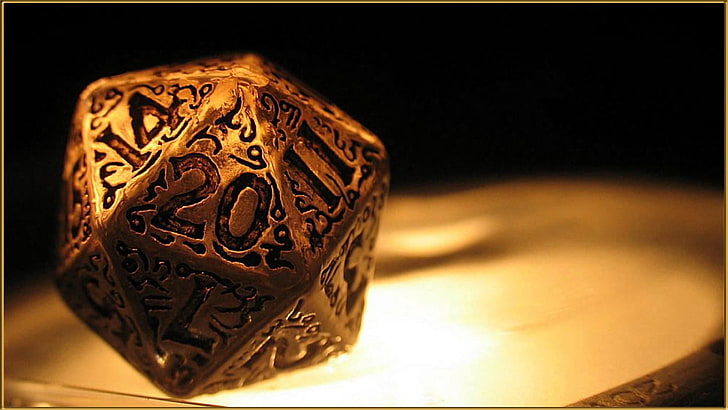 gray dice, closeup, d20, gold, Dungeons and Dragons, numbers