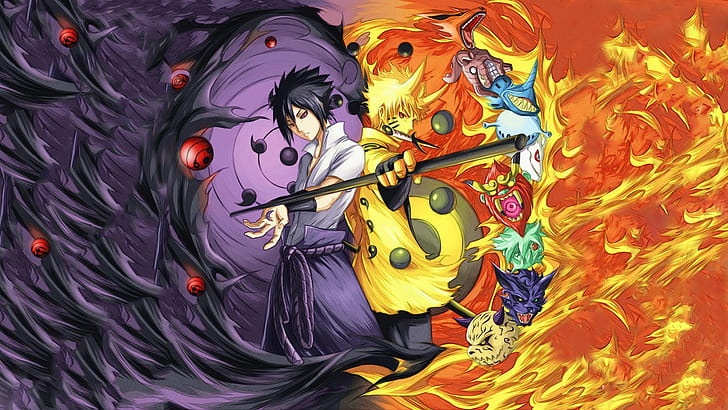 Bijuu, manga, anime boys, Uchiha Sasuke, Naruto Shippuuden, HD wallpaper