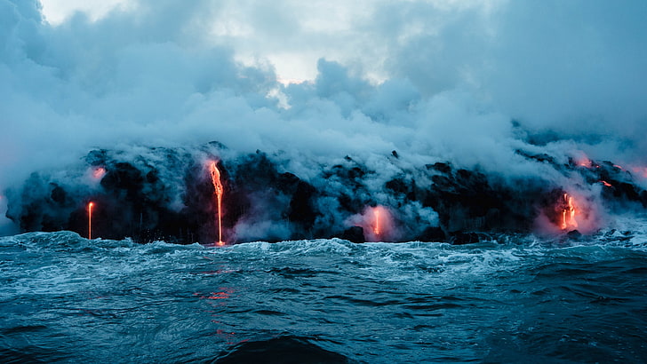 sea, geological phenomenon, ocean, lava, submarine volcano, HD wallpaper